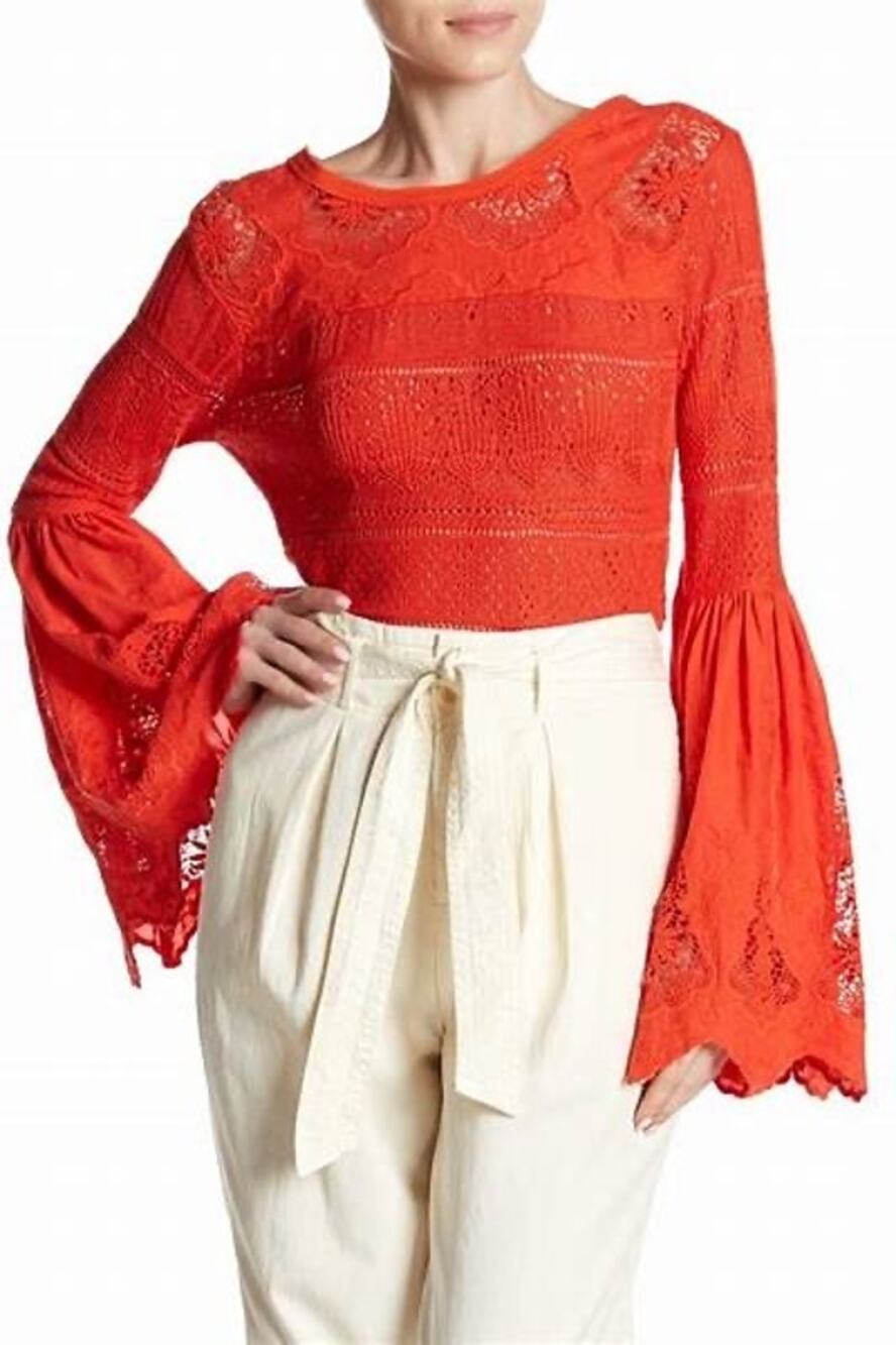 Free People Red Once Upon A Time Linen Crochet Bell Sleeve Top Size M